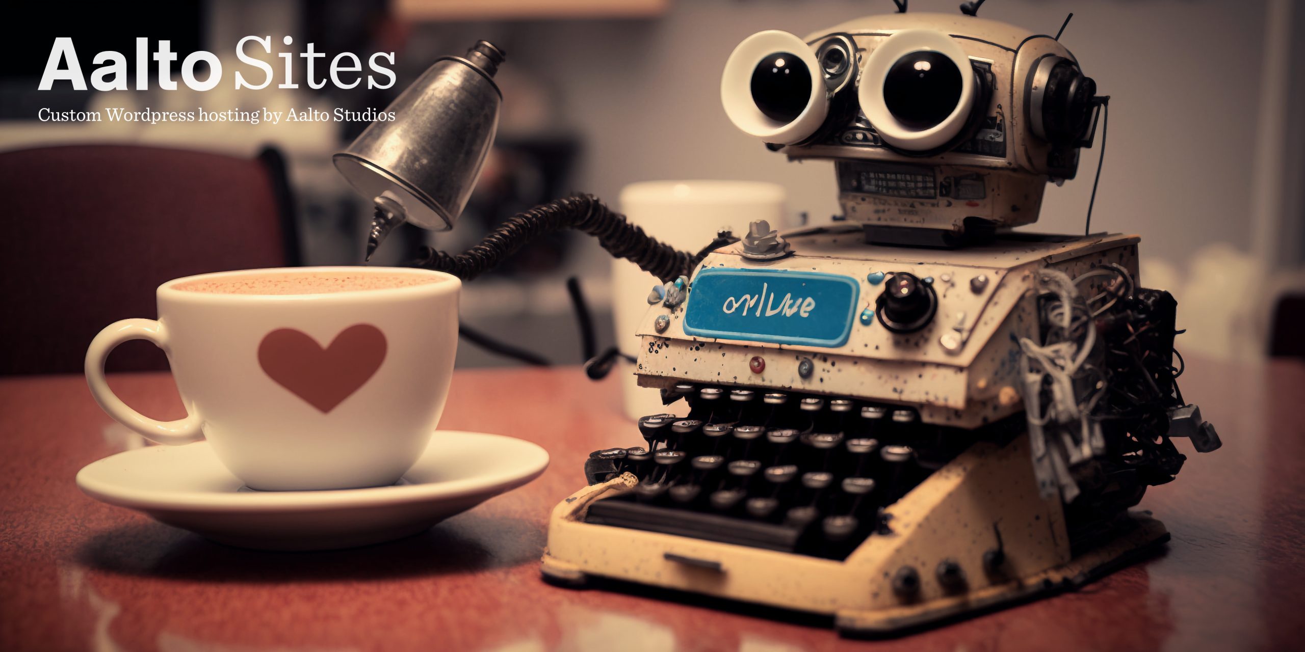 A typewriter robot about to enjoy some coffee